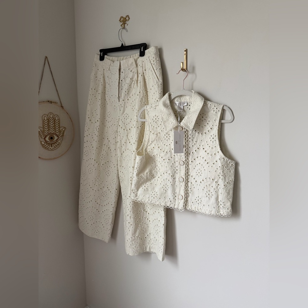 Caroline Constas Cream Eyelet Pants and Vest Set